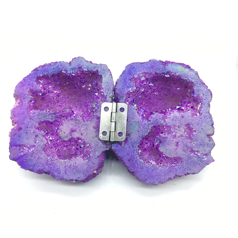 

Handmade Pruple Electroplated Agate Geode Ring Box Quartz Crystal Cluster Ring Box Healing Crystal Stone Women Jewelry Gift