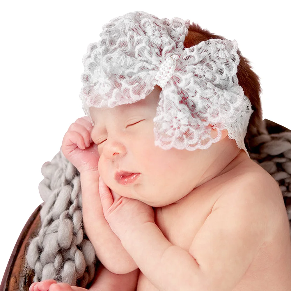 2018 New pearls charm white lace flower top bowknot turban Headband girls bebe Lace Headwear Elastic Hair Band Accessories newborn photography props blanket baby infant photo butterfly fabrics shoot studio accessories stretch wraps for bebe first gift