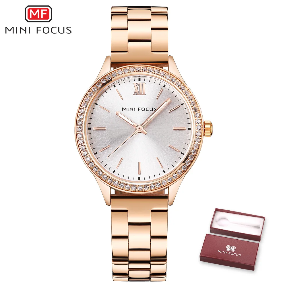 

MINIFOCUS Royal Women Watches Quartz Clock Rose Golden Stainless Steel Strap Fashion Elegant Ladies Rhinestone Wrist Watch + Box