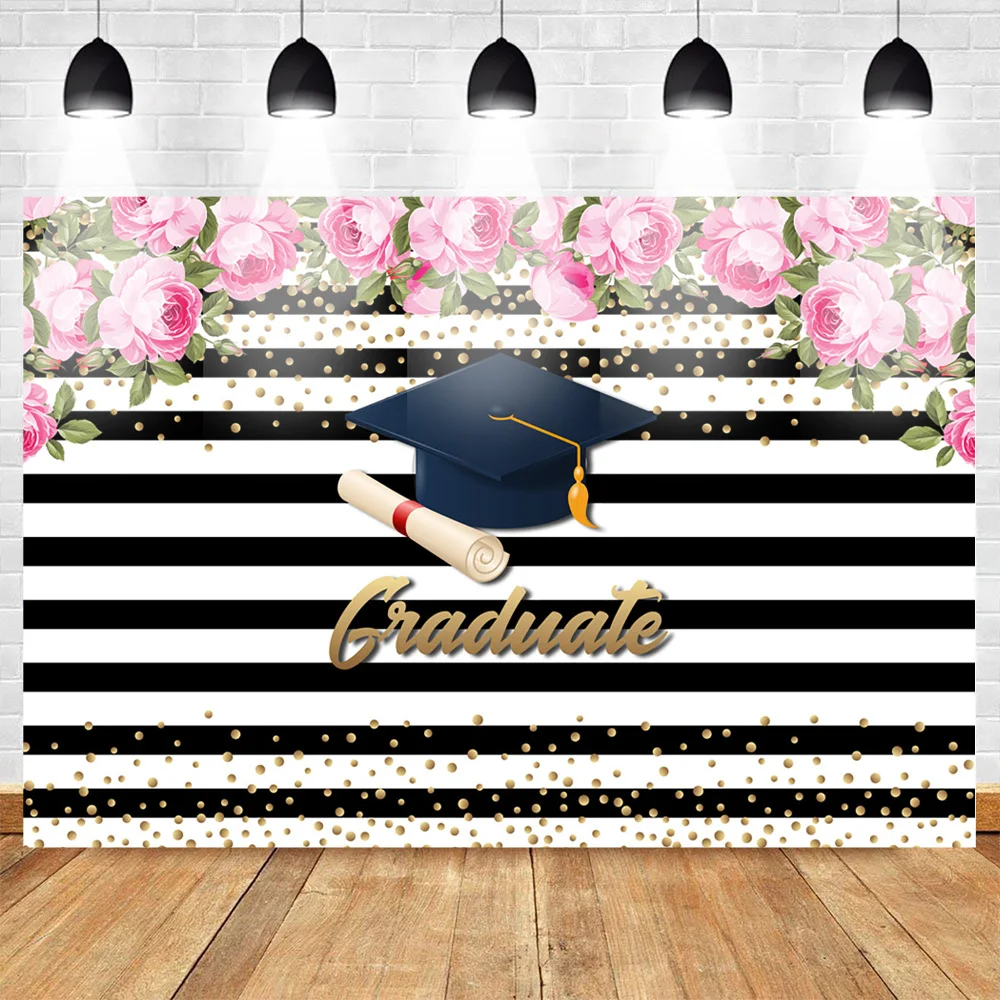 

Neoback Graduation Photo Backdrop for Student Bachelor Cap Graduate Season Background for Booth Flowers White and Black Stripes