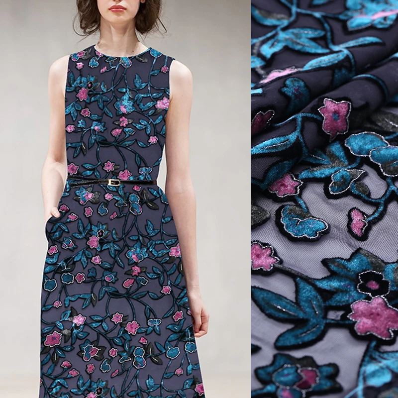 

114CM Wide 8MM Floral Burnt-out Net Silk Rayon Velvet Fabric for Autumn and Winter Dress Coat Jacket B042