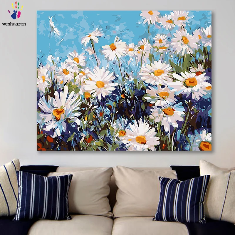 

DIY colorings pictures by numbers with colors White daisy flower sea picture drawing painting by numbers framed Home