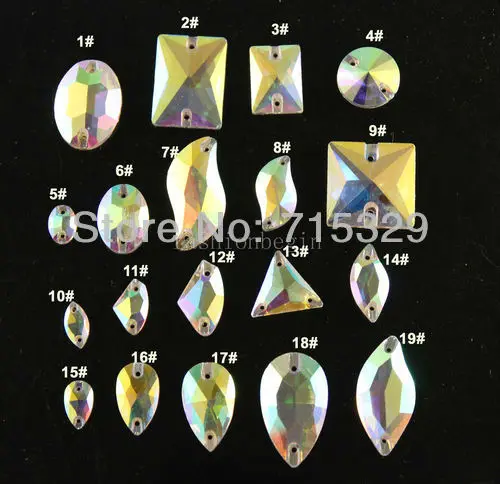 

30pc Clear AB Sew On 2 hole Gems Flatback teardrop/rectangle/round/navette/square/oval Cut Glass Crystal Rhinestones Muliti-size