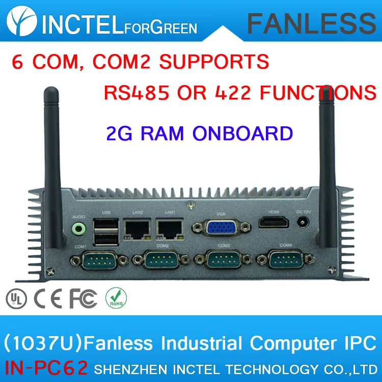 

Hot supply Celeron 1037 low power Car embedded fanless IPC with onboard 2G RAM 6 COM COM2 support RS485 422 two 8111E Gigabit