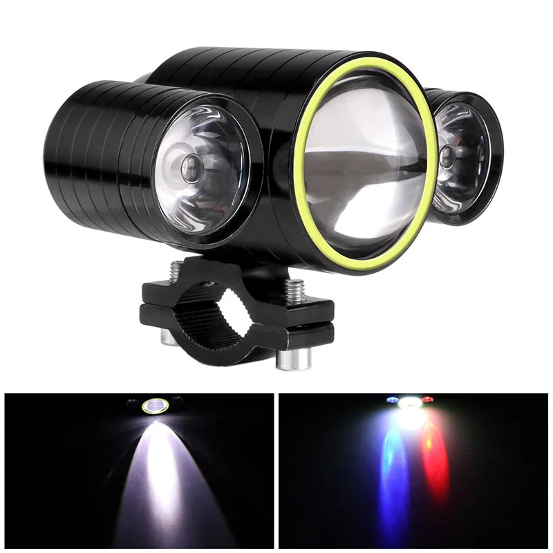 

U12 30W LED Motorcycle Headlight Red + Blue Side Color White Circle Angle Eyes Devil Eyes Light Fog Lamp 12-80V Waterproof