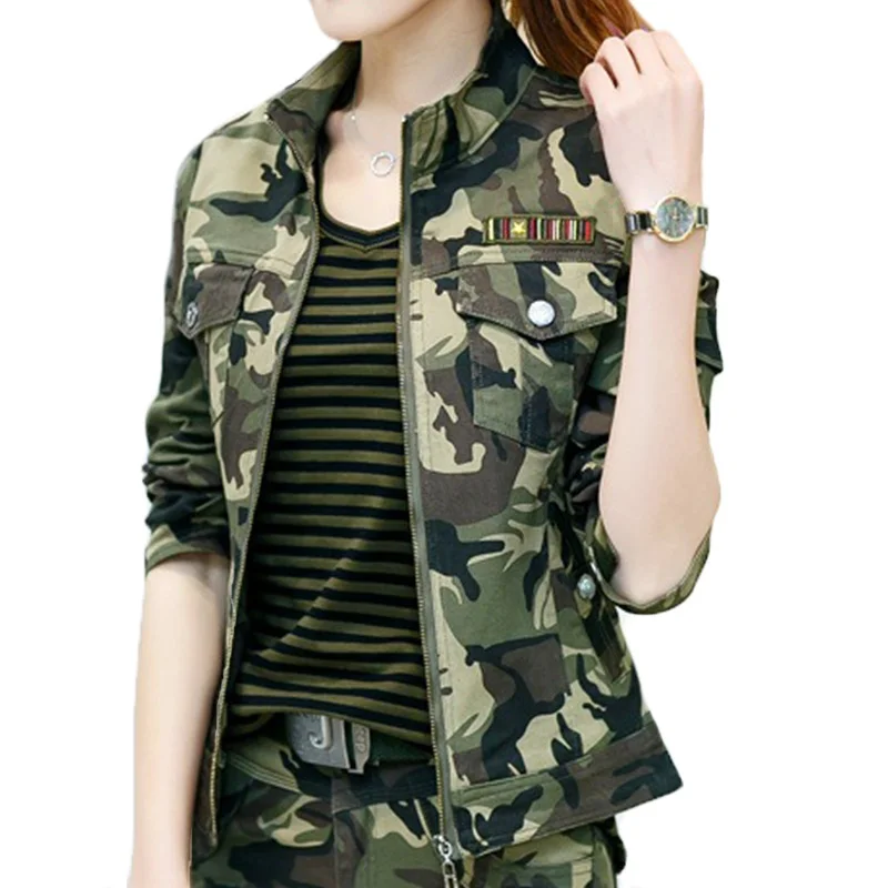 Женская военная камуфляжная куртка с нагрудными карманами, стоячим воротником, Дамское армейское пальто, значок флага на рукаве, тонкие камуфляжные куртки