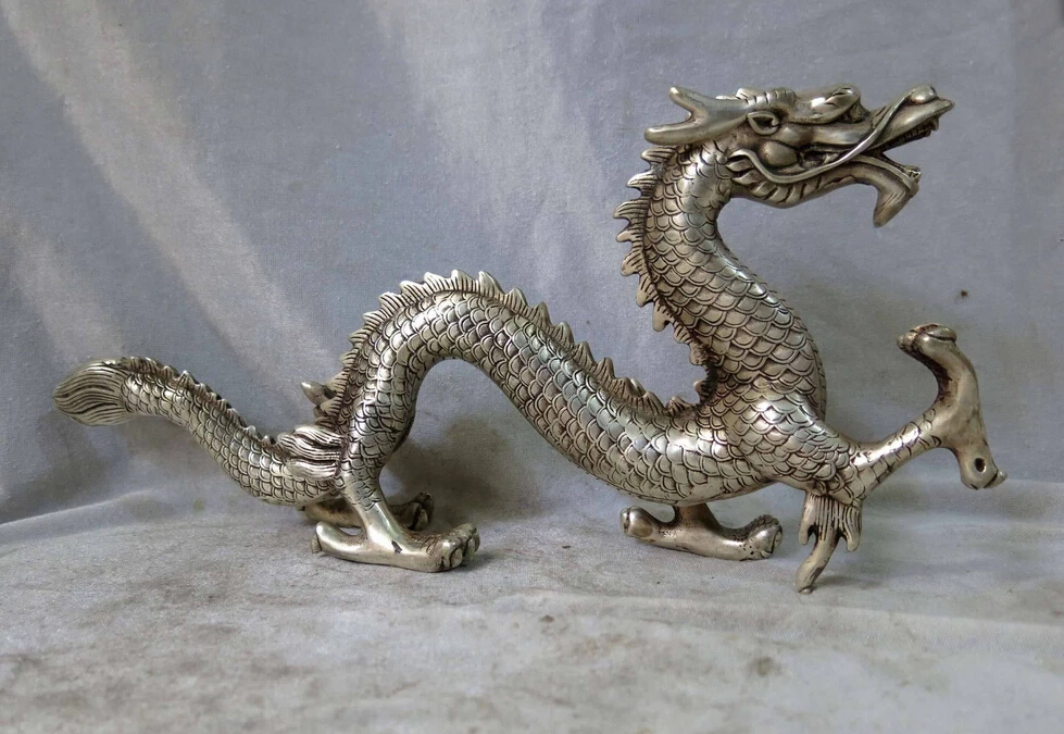 

6" China Silver Feng Shui Fine Carved Lucky Fly Sea Dragon Statue Sculpture