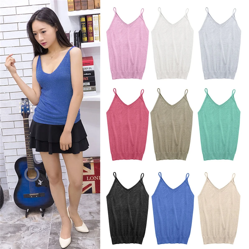 

klv Glittering Knitted Women Camisole Vest Stretchable V Neck Slim Sexy Strappy Tank Tops