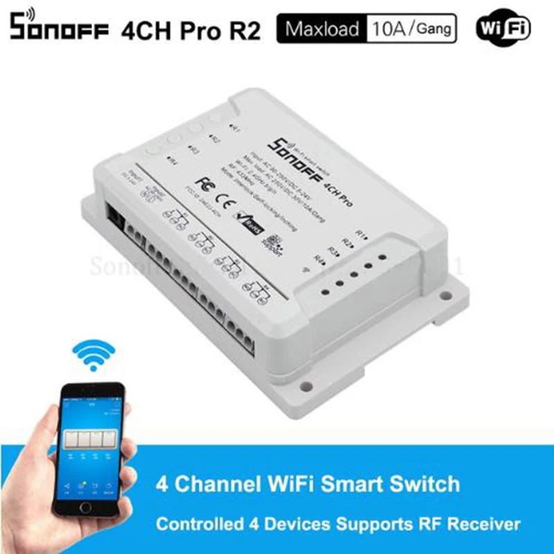 Baratos Sonoff 4CH Pro R2 inteligente Wifi interruptor de RF de 433MHz Wifi interruptor de la luz 4 3 modos de trabajo empujando de enclavamiento de casa inteligente con Alexa.