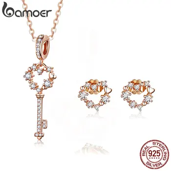 

BAMOER Authentic 925 Sterling Silver Key and Heart Pendant Necklace and Stud Earrings Set Silver Jewelry Sets for Women ZHS113
