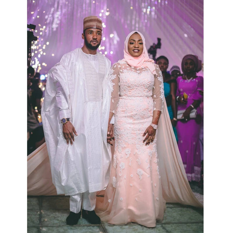 

Lakeydra Arabic Muslim Wedding Dresses Mermaid Pink Tulle O-Neck with Beading Appliques Three Quarter Trumpet Bridal Gowns