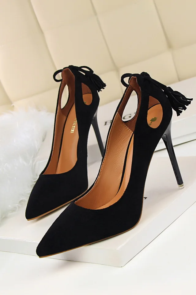 BIGTREE/летние женские туфли с острым носком на высоком каблуке; женские туфли-лодочки с закрытым носком; модная пикантная обувь на шпильке с кисточками - Цвет: Черный