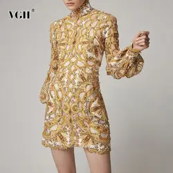 VGH летнее сексуальное открытое платье для женщин, стоячий воротник, рукав фонаря, прямые платья с бусинами, Женская мода 2019, новое