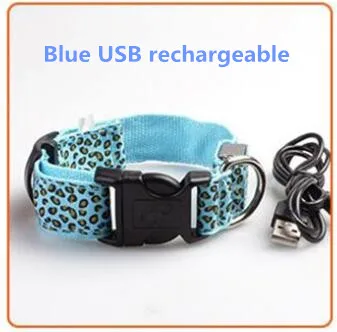 Светодиодный ошейник для собак, нейлоновый ошейник, светильник, Леопардовый ночной светодиодный, светящийся Регулируемый ошейник для собак, ошейник для собак A03 - Цвет: blue USB recharge
