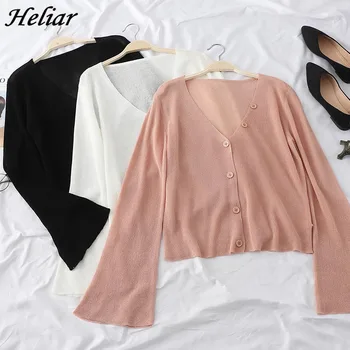 

HELIAR Blouses Woman 2019 Spring Autumn Flared sleeve iced silk knit cardigan women's summer thin long sleeve sunscreen clothing
