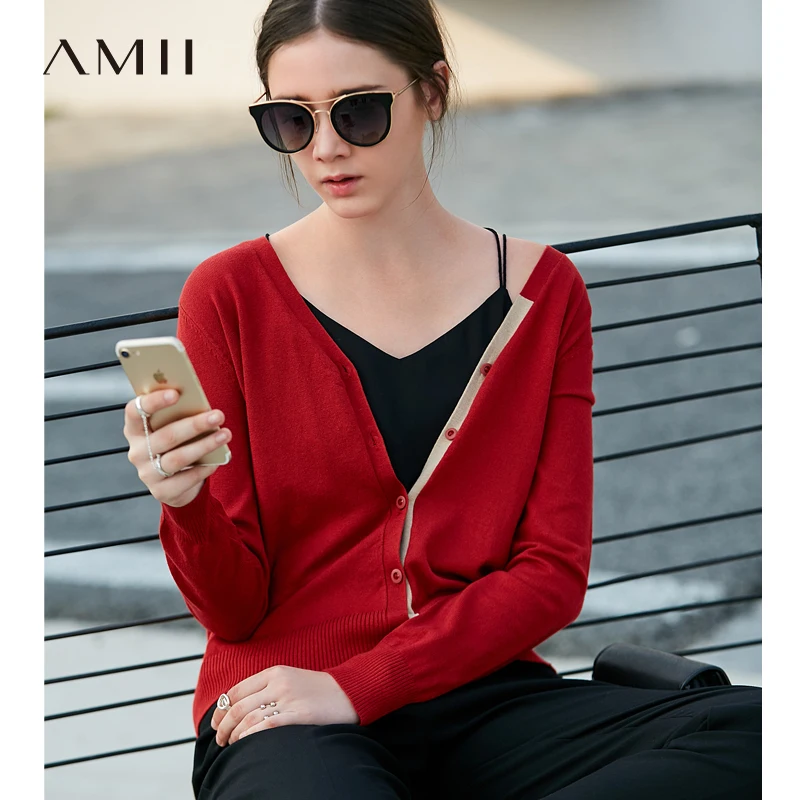 

Amii Minimalist Women Cardigan 2019 Office Lady Contrast Color V Neck Knitted Female Knit Cardigan Sweaters Jacket