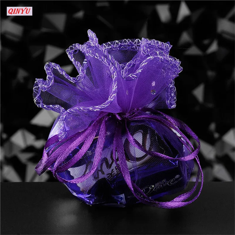 50 шт Круглые сумки из органзы с завязками, вечерние сумки, свадебные подарочные упаковочные пакеты для детского дня рождения, конфет, ювелирные изделия 5ZSH836 - Цвет: dark purple
