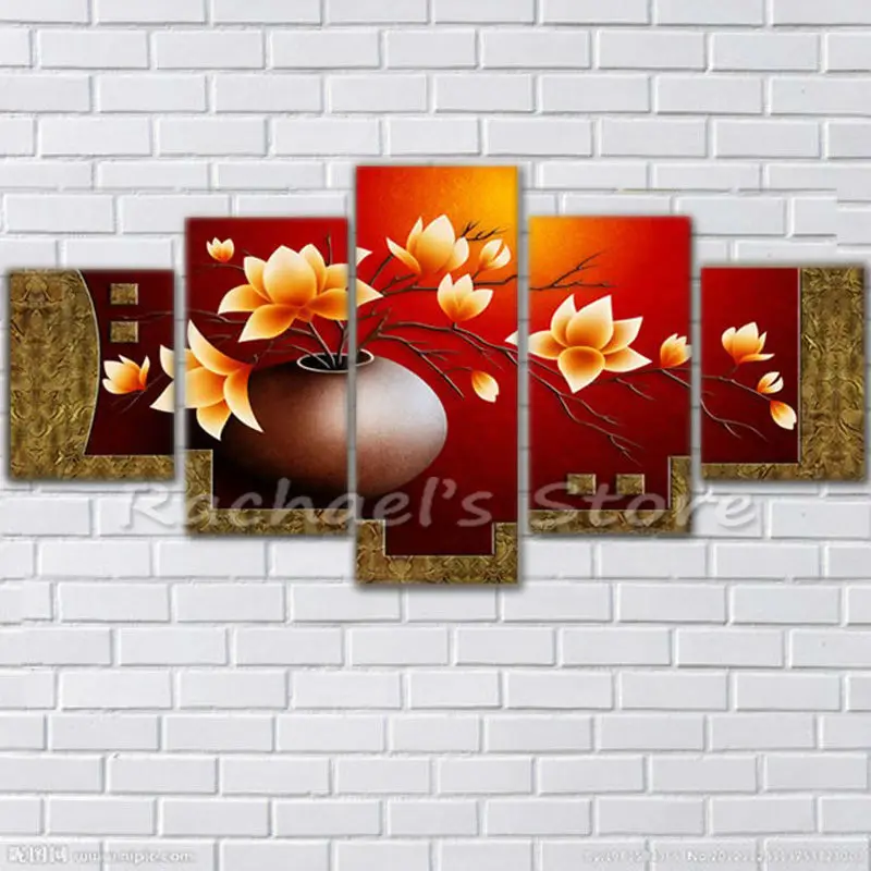 

Hand painted Five Pieces Yellow magnolia flowers oil painting on canvas Red magnolia Flower wall picture Living Room Home Decor