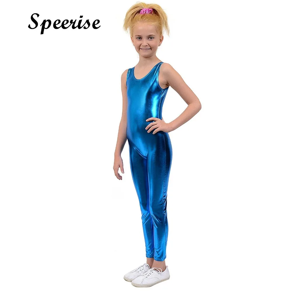 Speerise Kids Tank Unitard Child Blue Shiny Tight Jumpsuit Costumes Boys Ballet Sleeveless Lycra
