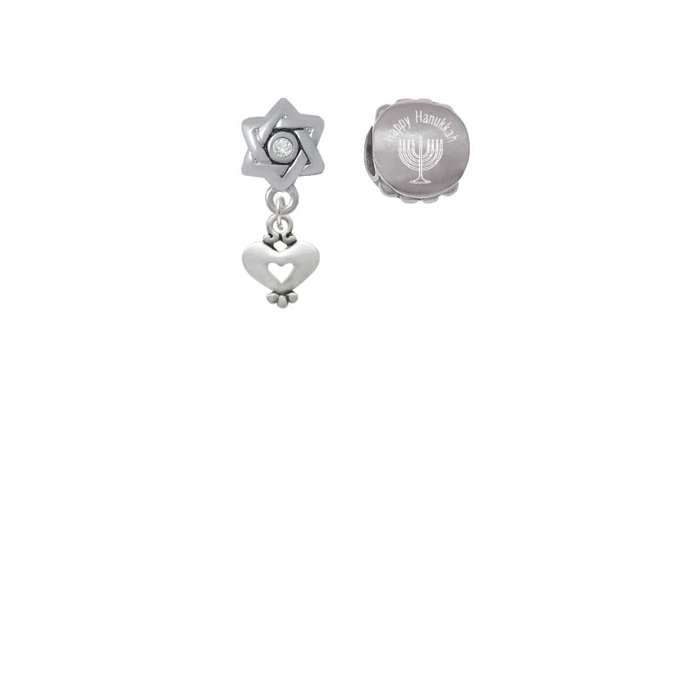 Silvertone Mini Heart with Cutout Happy Hanukkah Charm Beads (Set of 2)