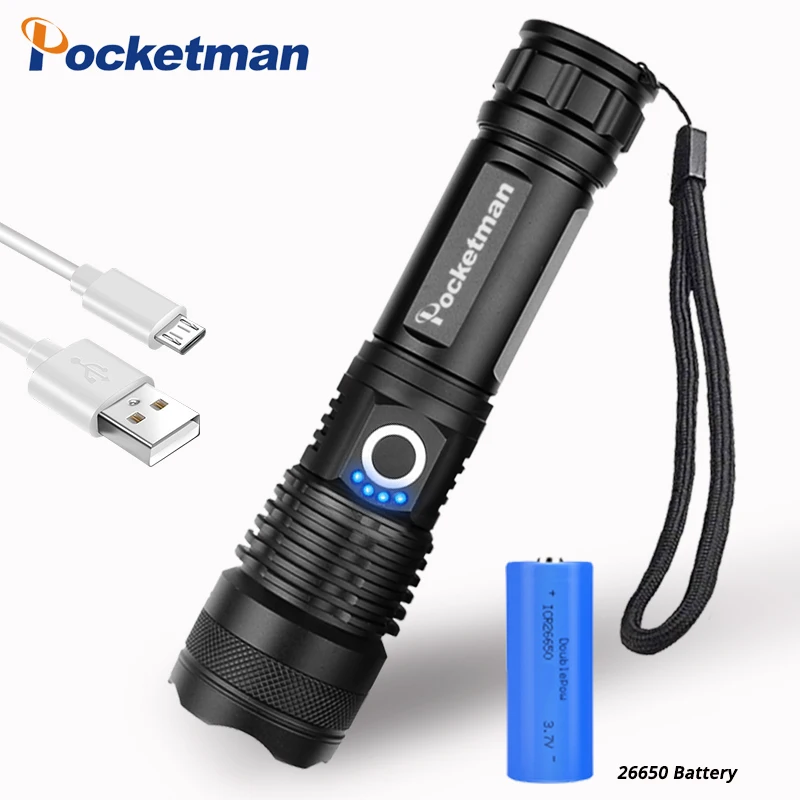 Skup 30000 lumenów latarka Zoom USB akumulator 18650 lub 26650 bateria Outdoor Camping potężna latarka led 5 trybów jasne oświetlenie