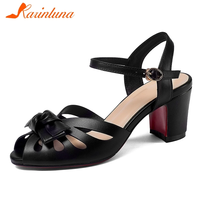 

KARINLUNA 2019 Chic Elegant Genuine Leather Chunky Heels Women Shoes Comfortable Party Sandals ankle-strap Shoes Woman