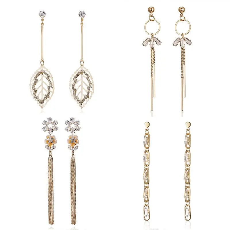 

Fashion Crystal Geometric Drop Earrings Women Flower Star Heart Round Rhinestone Long Tassel Earrings Wedding Bride Jewelry Gift