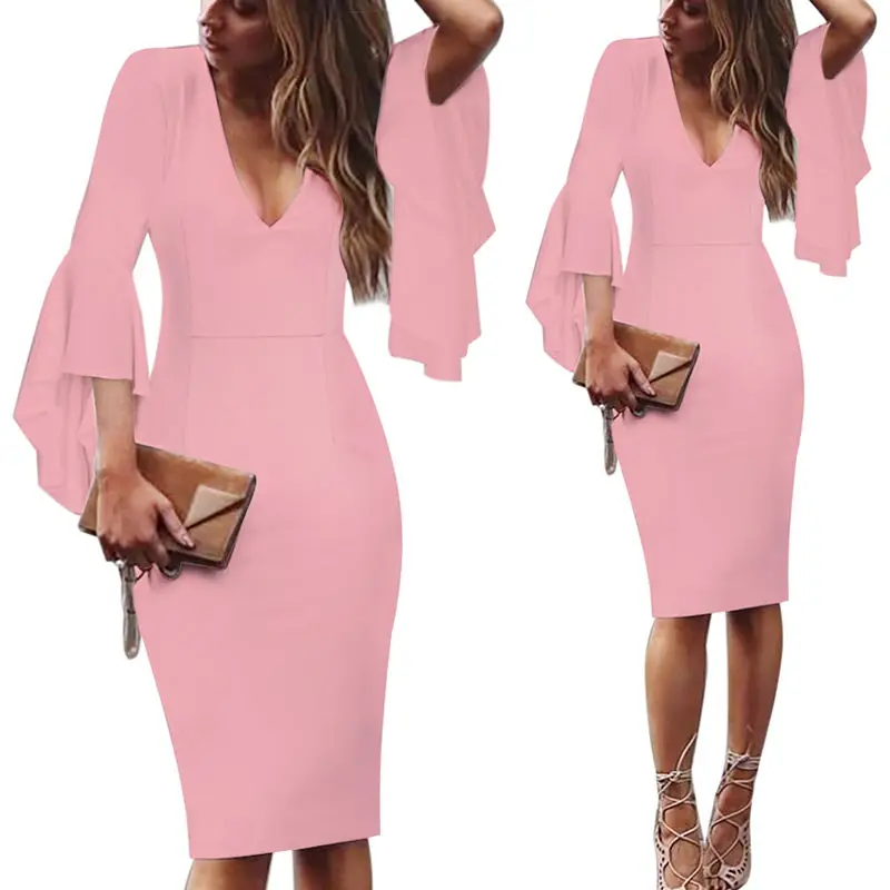 HEE GRAND/, деловое платье для работы, женское сексуальное платье с глубоким v-образным вырезом, расклешенное платье с длинными рукавами, Повседневное платье для вечеринки, офисное платье для девушек WQL5741 - Цвет: pink