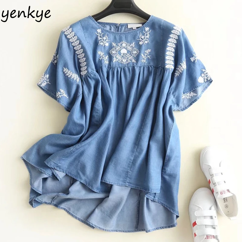 Women Floral Embroidery Tencel Denim Blouse O Neck Short