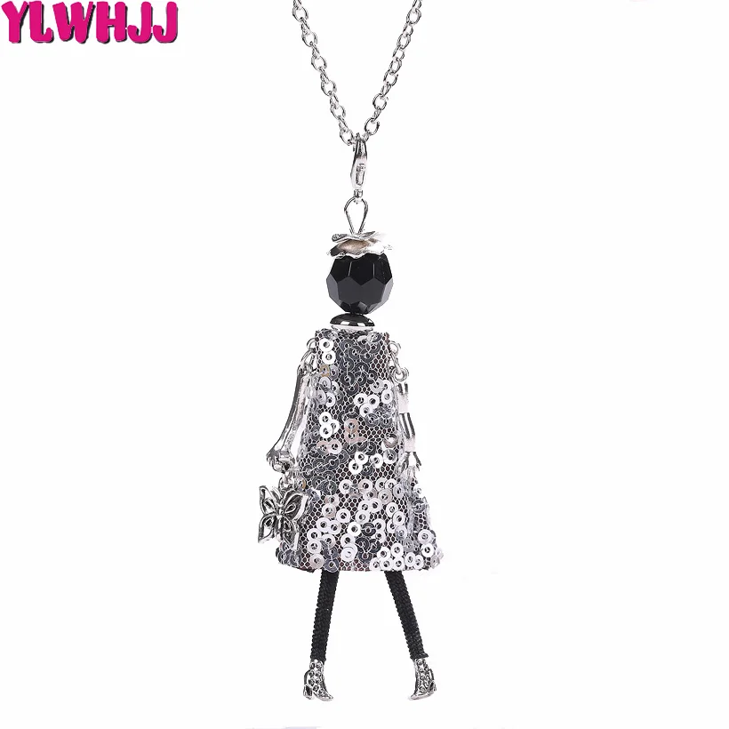 

YLWHJJ 2017 new cute women silver dress sequins doll long chain pendant fashion statement jewelry baby maxi necklace for girls