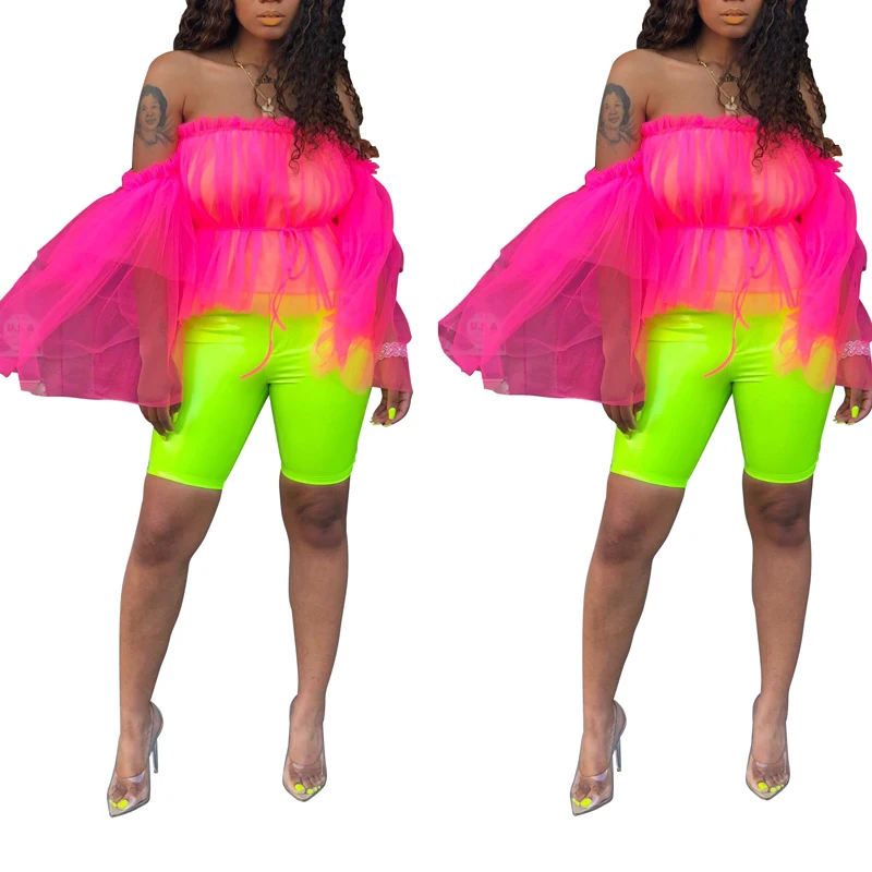 

2019 Candy color Off shoulder women tops sexy women see through mesh ruffles lantern sleeve shirts Lady beach blouse