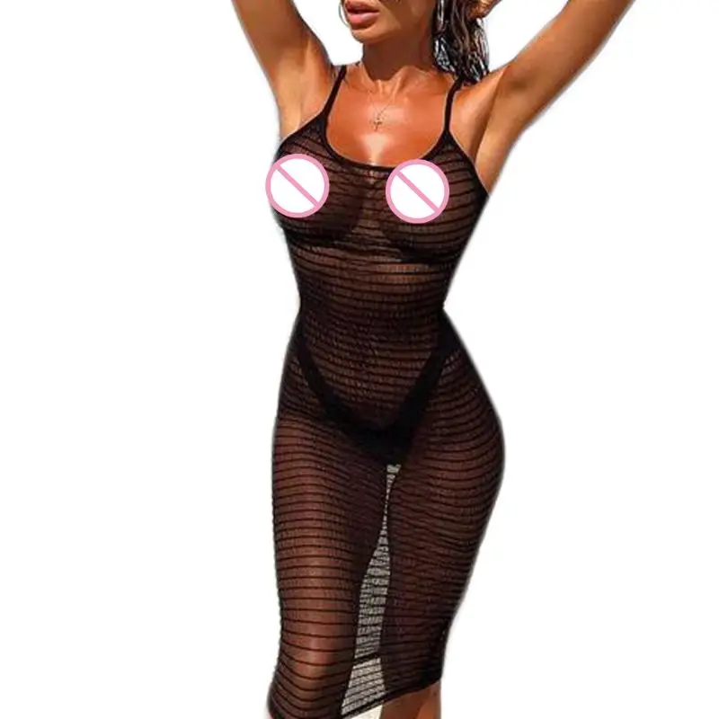 1 Set Womens Summer Spaghetti Straps Knee Length Slim Dress Sexy Sheer Mesh Striped Bikini Cover Up Solid Color Beachwear 1 Set Womens Summer Spaghetti Straps Knee Length Slim Dress Sexy Sheer Mesh Striped Bikini Cover Up Solid Color Beachwear