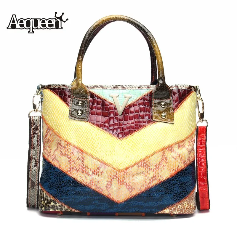 

AEQUEEN Genuine Leather New Women Messenger Bags Patchwork Colorful Shoulder Bags Crossbody Ladies Handbags Random Color