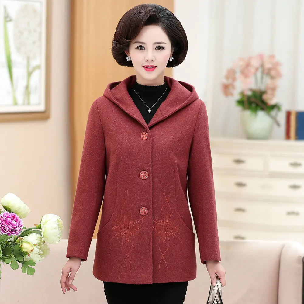 Women Winter Wool Blend Hooded Coats Female Flower Embroidery Tweed Overcoat Woman Elegant Thicken Quilted Hood Tweed Outerwear