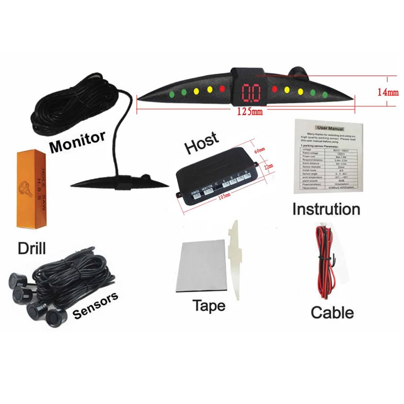 4 Датчики водить автомобиль Дисплей 4 парковки Сенсор обратный резервный зуммер Радар сигнализации Системы Звук черный Сенсор X Y 60 градусов