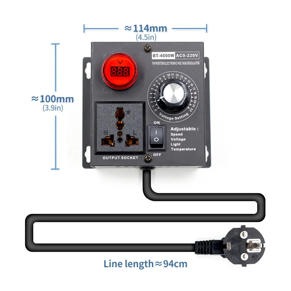 Электронный регулятор напряжения переменного тока с европейской вилкой, 220 В, 4000 Вт, SCR, регулятор температуры двигателя, регулятор скорости вентилятора, диммер, электрический инструмент, регулируемый
