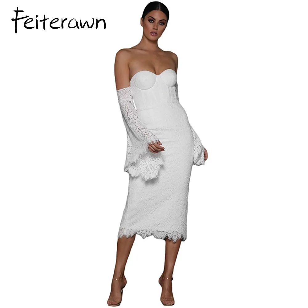 Feiterawn Sexy Party Dress Autumn White Embroidered Lace Off Shoulder Bell Long Sleeve Midi Spring Vestido Mujer DL610318 | Женская