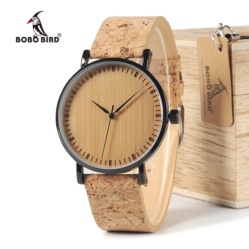 Prix BOBO OISEAU WE19 Top Qualité Ronde Montres Bambou Visage avec Boîtier En Acier inoxydable Liège En Cuir Bandes avec Boîte Cadeau de Baisse gratuite