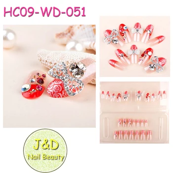 

12boxes 3D Full Cover Colored Rhinestones Nail Art Tips Hollow Bowknot Stone Red False Tip Wedding Artifical Tip Pearl Charm #51