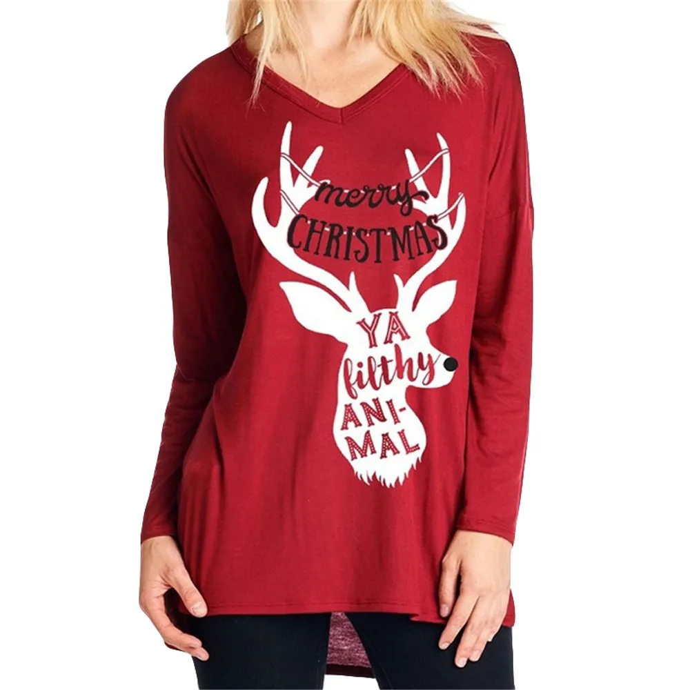 

KLV BLOUSE 2019 Christmas Blouse Fashion Autumn Women Merry Christmas Elk Print V-Neck Long Sleeve Top Blouse Shirt