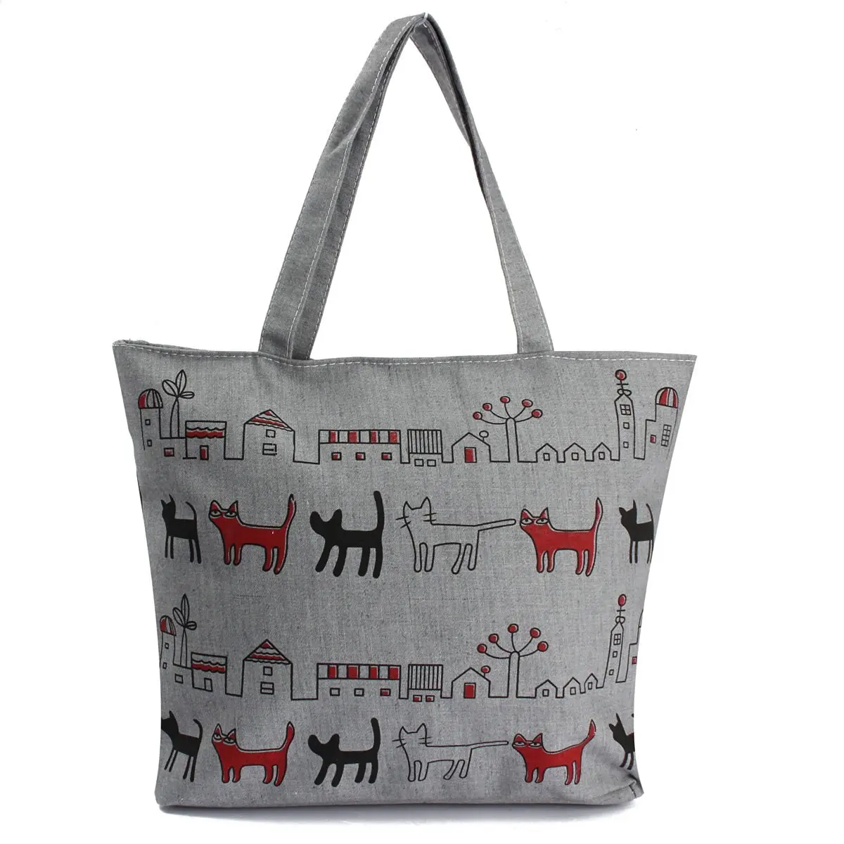 TEXU Женская Холщовая Сумка на плечо, сумка-тоут, сумки для покупок, на молнии, много рисунков для кошек - Цвет: Gray