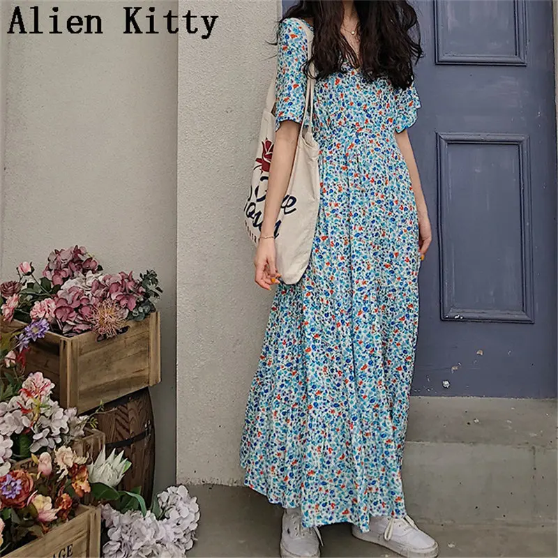 

Alien Kitty Vintage Fresh Summer High Waist Short-Sleeved Hot Print Flowers Sweet Retro V-Neck Casual Elegant Free Long Dress