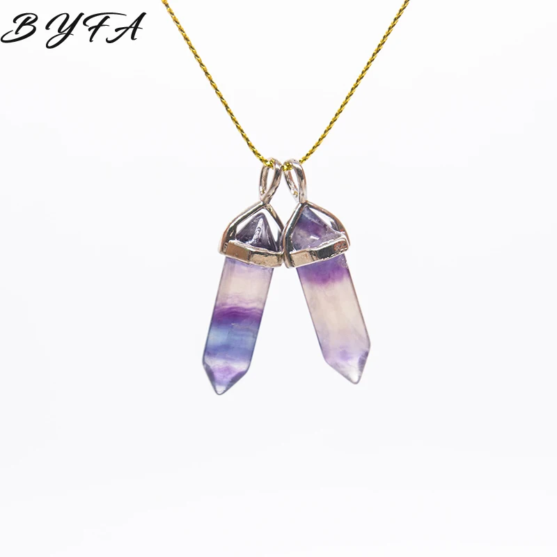 

1pc Trendy Crystal Fluorite Necklace Pendant Natural Gem Stone Quartz Hexagonal Point Pendulum Column Reiki Jewelry