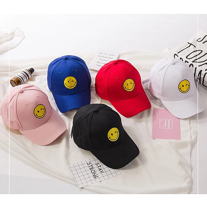 

South Korea ulzzang source embroidery smiling face Baseball Cap Hat summer sun and wind bending wave peaked cap