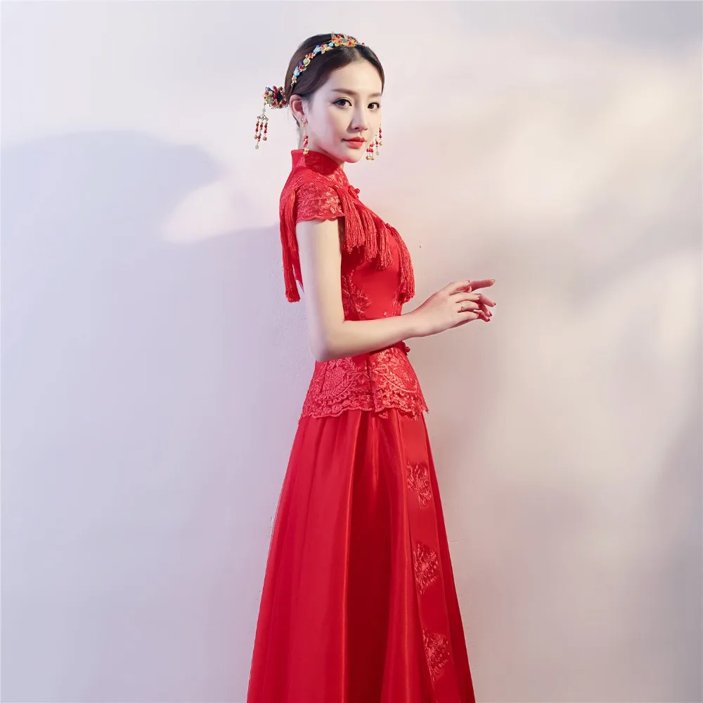 Шанхая история Длинные платья Cheongsam с вышивкой красный Qipao для женщин традиционное платье Китайский Свадебный костюм xiuhe