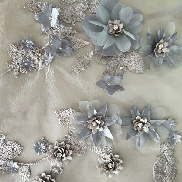 

1/5yards beatiful French wedding dresses embroidery bead mesh fabric handmade 3D flowers with rhinestone decals lace fabric