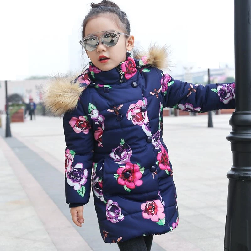 Коллекция года, зимнее пальто для девочек Одежда для детей плотная зимняя куртка с капюшоном и меховым воротником с цветочным принтом Одежда для маленьких девочек Age3-15T для детей