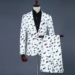 Высокое качество 2018 из двух частей Для мужчин белая роза с цветочным принтом костюмы с рисунком куртка ночной клуб Производительность