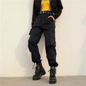 

American Women Solid Casual Loose High Waist Ankle Banded Cargo Pants 2 Colors Solid Side Pockets Ankle-length Cargo Pants