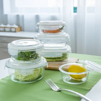 

Japan Zakka Style Tempered Glass 3 Round Box and 3 Rectangular Boxes Heat-resistant Storage Sets Seal Microwave Bowls